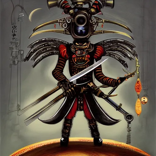 Prompt: beautiful painting of a tengu steampunk servant with a lunar scythe in the style of Welder Wings and H. R. Giger. Dark background, detailed, trending on Artstation