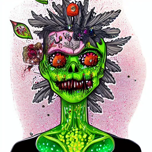 Image similar to cartoonish portrait of a punk rock zombie turning into flowers fruit and mushrooms, botanical background, covered in crystals and glitter, atmospheric lighting, sculptural, highly intricate detail