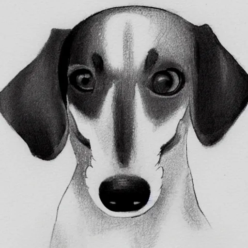 Prompt: very quick simple black and white line sketch of a cute dachshund