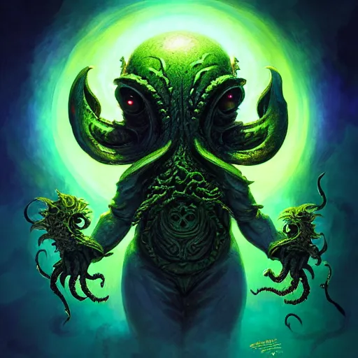 Prompt: an cosmic horror lithograph of chibi cthulhu, by stanley artgerm lau, wlop, rossdraws, james jean, andrei riabovitchev, marc simonetti, and sakimichan, tranding on artstation