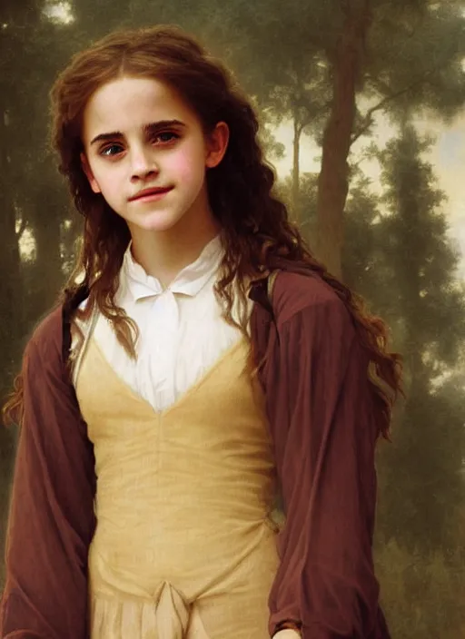 Image similar to painting. [ young ] emma watson as hermione granger 2 0 0 4. prisoner of azkaban. cheerful. happy. smiling. art by william adolphe bouguereau. during golden hour. extremely detailed. beautiful. 4 k. award winning.