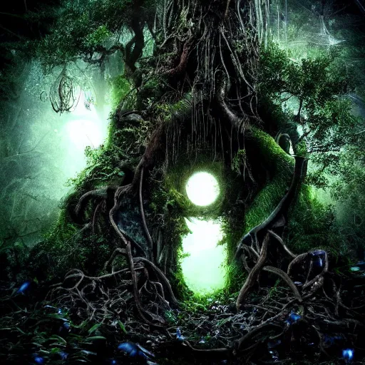 Image similar to ravenous, ominous portal to hades embedded in a creepy tree in a densely overgrown, magical jungle, fantasy, dreamlike sunraise, ultra realistic, atmospheric, stopped in time, dreamlike light incidence