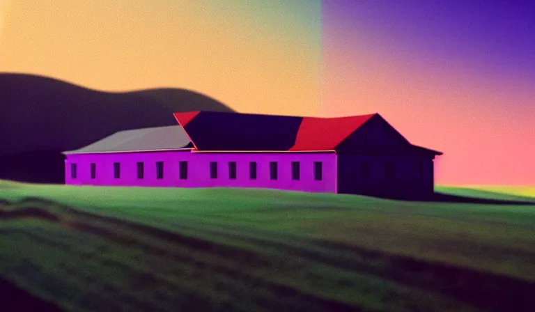 Prompt: a beautiful, sharp focus, and immaculate barn on the palouse. vaporwave ombre rendering. outrun style. trending on artstation. recommended for you behance. by chris moore. by edward hopper. beeple colors. ambient occlusion. digital matte painting. metropolis filmic. gotham city. overcast.