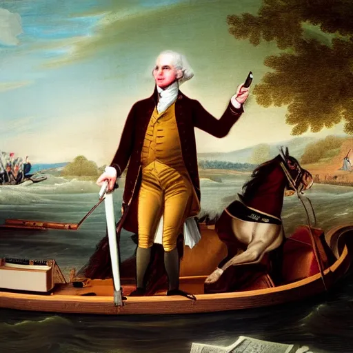 Image similar to painting of george washington talking on his iphone as he crosses the delaware river