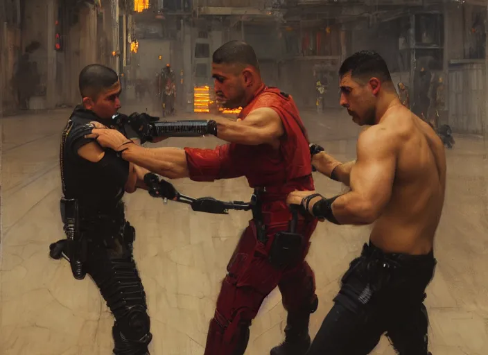 Image similar to Javier fights sgt Nash. Cyberpunk kickboxer in orange jumpsuit fighting menacing police troopers (blade runner 2049). attractive face. Orientalist portrait by john william waterhouse and James Gurney and Theodore Ralli and Nasreddine Dinet, oil on canvas. Cinematic, hyper realism, realistic proportions, dramatic lighting, high detail 4k