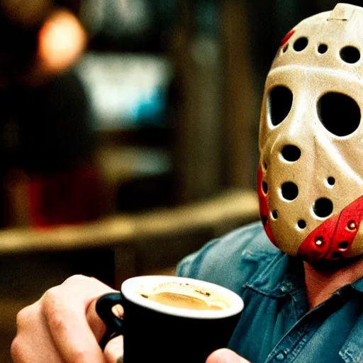 Image similar to photograph of jason voorhees having a coffee at an european caffé