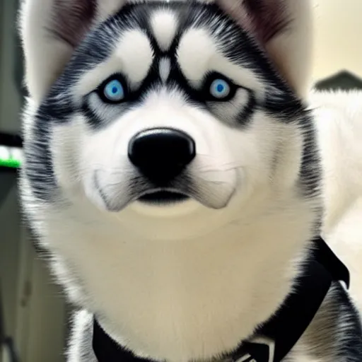 Image similar to realstic husky dog twitch streamer