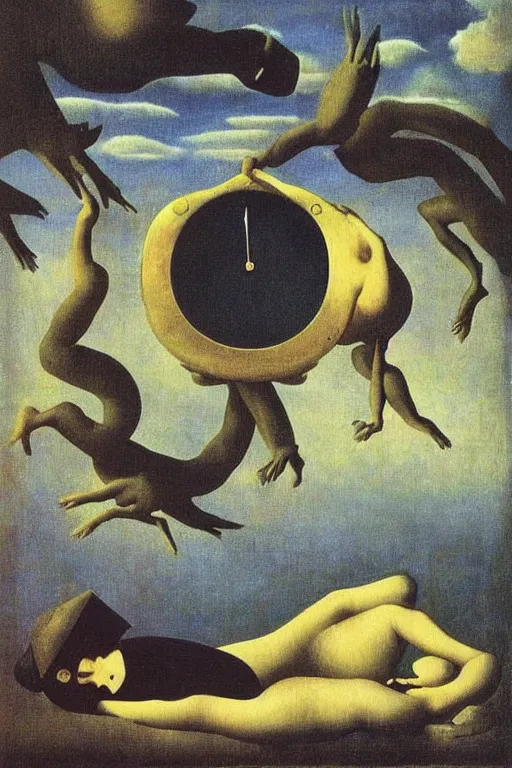 Prompt: surreal art : soft calendar, soft watch, this is the summer of discontent in the style of max ernst, rene magritte