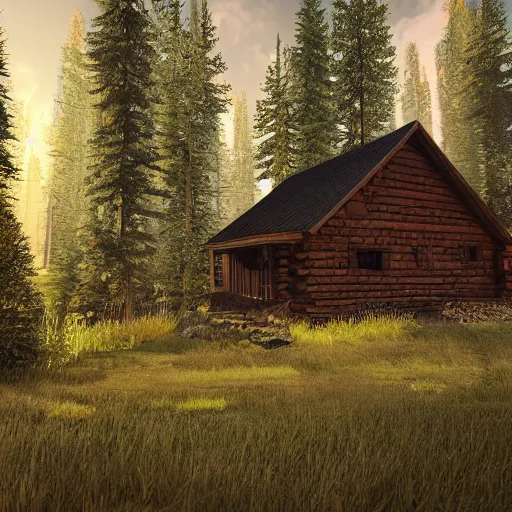 Image similar to a cabin in the woods made in unreal engine 5, 4k, high detail, high-resolution photograph, professional photography, ultra-detail