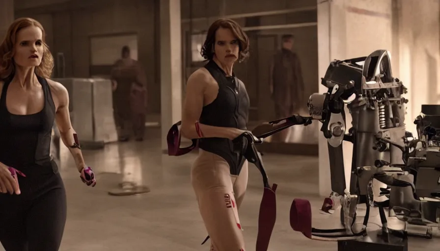 Image similar to Film Noir, John Wick, Inherent Vice, Olivia Pope, Olympics footage, female Sprinter athletes recovering from a race, tuning their mechanical legs with mechanics helping, intense moment, cinematic stillframe, dramatic lighting, The fifth element, vintage robotics, formula 1, starring Geena Davis