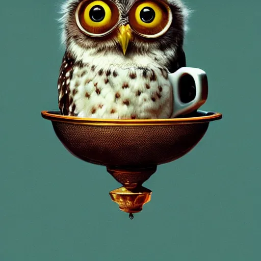 Image similar to long shot of a very cute young owl sitting in a tea cup, by esao andrews, by james jean, marc simonetti, humorous illustration, hyperrealistic, big depth of field, fresh colors, dim light, 3 d octane render conceptart, 4 k, hyperdetailed, trending on artstation