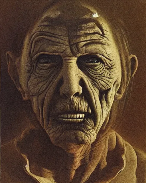 Prompt: a horrifying portrait of a man's face painted by Zdzisław Beksiński