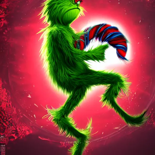 Prompt: The Grinch activates his sharingan, battle scene, anime style, violent, highly detailed, 8k, smooth, sharp