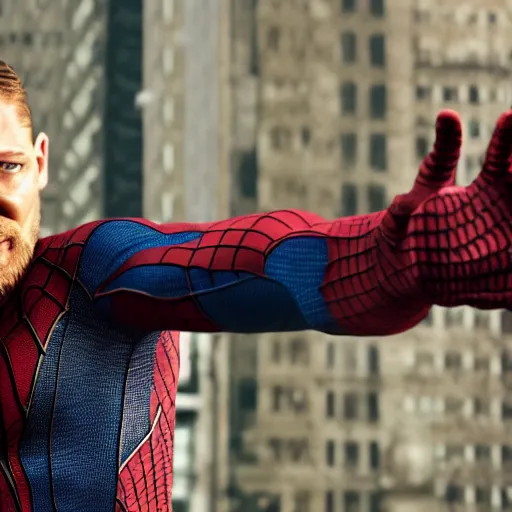 Prompt: film still of younger tom hardy as spiderman, 4k, photorealistic, hd, no mask