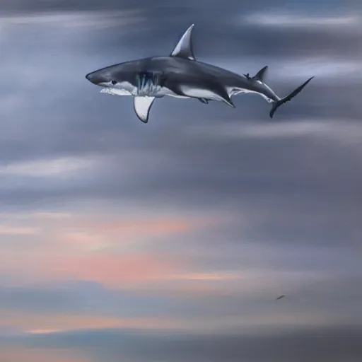 Prompt: abstract painting of a great white shark flying through a beautiful cloud filled sky