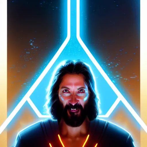 Prompt: tron legacy jesus, face closeup, laughing, diffuse lighting, hyper realistic, concept art, intricate, hyper detailed, smooth, sharp focus, illustration, trending on artstation, art by greg rutkowski and james gurney and alphonse mucha