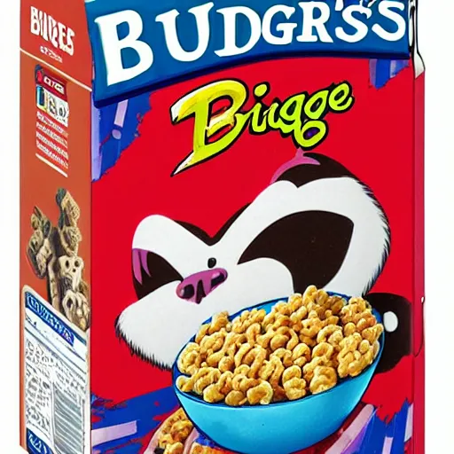 Prompt: A box of Badger Bites cereal, featuring the cereal mascot, Bruce the Badger