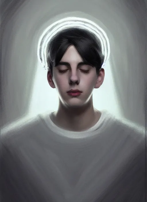 Image similar to portrait of teenage jughead jones wearing a light grey crown, photorealistic, crown, eyes closed, crown, black hair, intricate, elegant, glowing lights, highly detailed, digital painting, artstation, concept art, smooth, sharp focus, illustration, art by wlop, mars ravelo and greg rutkowski