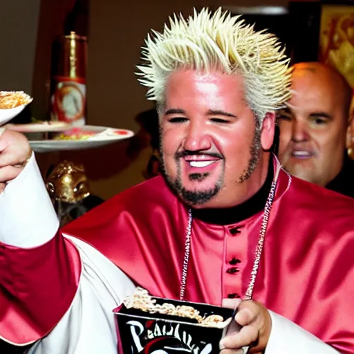 Prompt: guy fieri dressed as the pope eating spam from the can at a formal banquet at a table