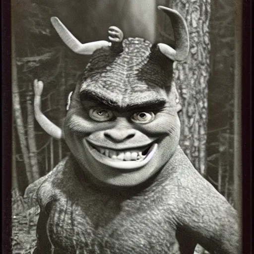 Image similar to 1 9 6 0's old polaroid of monster shrek staring from the depths of the dark gloomy forest, beksinsky, carpenter, creepy pasta, photorealistic, grainy, found footage, old film, low quality, horror, creepy, unsettling, liminal, terrifying