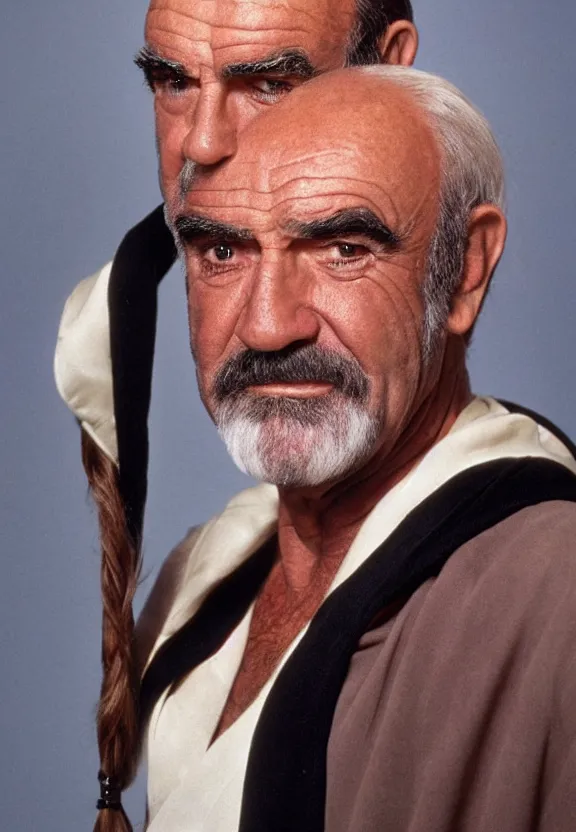 Prompt: The full figure studio portrait is of the actor sean connery. His skin is pale and wrinkled, his eyes are red rimmed and sunken. He is wearing the robes of the imperial emperor from star wars above the red leather mankini from the film zardoz and He has a thick black moustache and a long plait of hair. by Mark Mann and Steve McCurry. Nikon D850. Sigma 85mm F1.4 DG HSM A. Aperture f/3.5. Shutter speed 1/60. ISO 1600