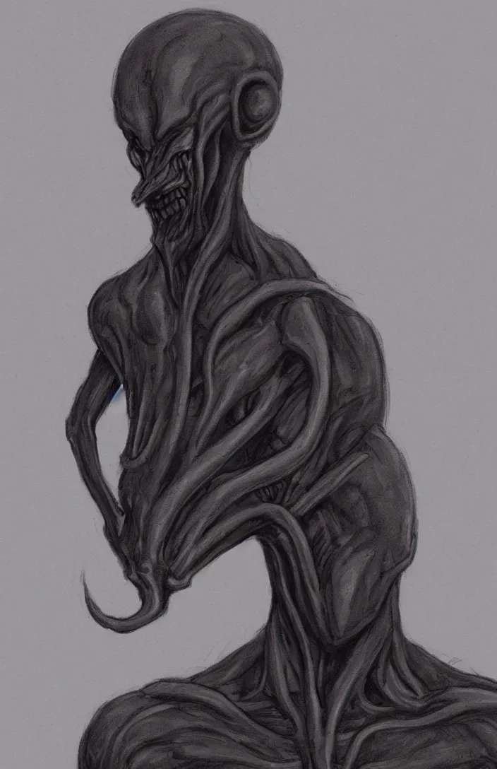 Prompt: concept art of a dark grey skinned humanoid squid man, lovecraftian, alien like, dark grey skinned, long faced, in dark clothes in a dark room, orange eyes, elegant, angry, facing the viewer