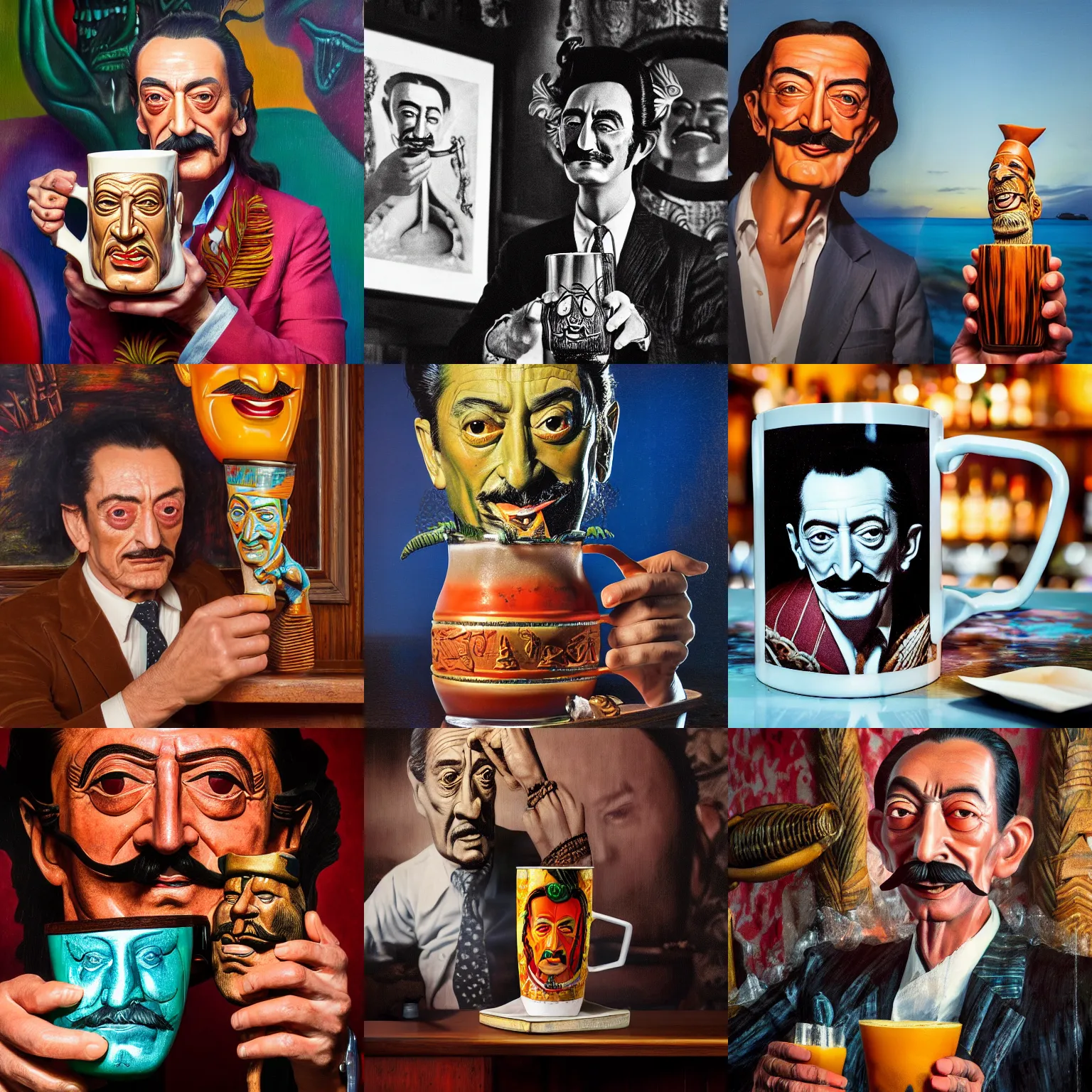 Prompt: a closeup photorealistic photograph of salvador dali at trader vic's bar holding a tiki mug with his face on it. brightly lit scene. this 4 k hd image is trending on artstation, featured on behance, well - rendered, extra crisp, features intricate detail, epic composition and the style of unreal engine.