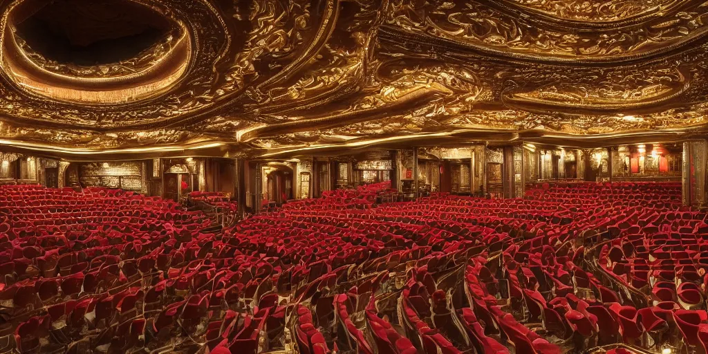 Prompt: realistic interior photo of pathe tuschinski amsterdam, 8 k, hyper realistic, very detailed,