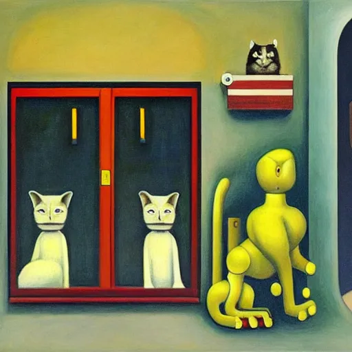 Prompt: robotic cats, grant wood, pj crook, edward hopper, oil on canvas