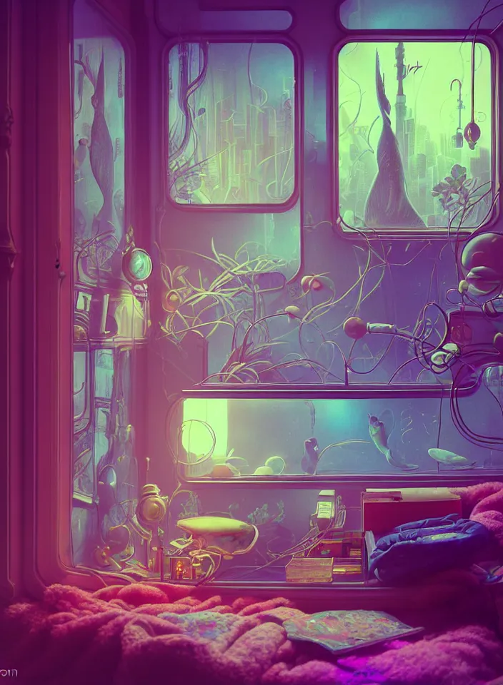 Image similar to telephoto 7 0 mm f / 2. 8 iso 2 0 0 photograph depicting the feeling of chrysalism in a cosy safe cluttered french sci - fi ( ( art nouveau ) ) cyberpunk apartment in a pastel dreamstate art cinema style. ( living room ) ( ( fish tank ) ), ambient light.