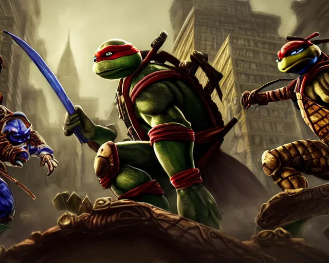 Image similar to a gaming screenshot still portrait of teenage mutant ninja turtles in mortal kombat, deep focus, d & d, fantasy, intricate, elegant, highly detailed, digital painting, artstation, concept art, matte, sharp focus, illustration, dark fantasy style art, hearthstone, art by artgerm and greg rutkowski and alphonse mucha