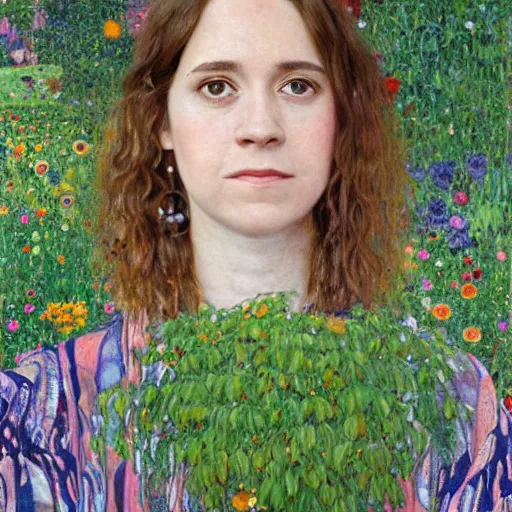 Prompt: a portrait of female asa butterfield mixed with pam beesly, content, kind, slight smile, surrounded by plants, by gustav klimt