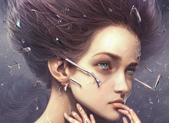 Image similar to a stupid head with highly detailed realistic nails sticking out of it, pain, light effect, hyper detailed, intricate, elegant, highly detailed, digital painting, artstation, concept art, matte, sharp focus, illustration, by dan mumford, yusuke murata, makoto shinkai, ross tran