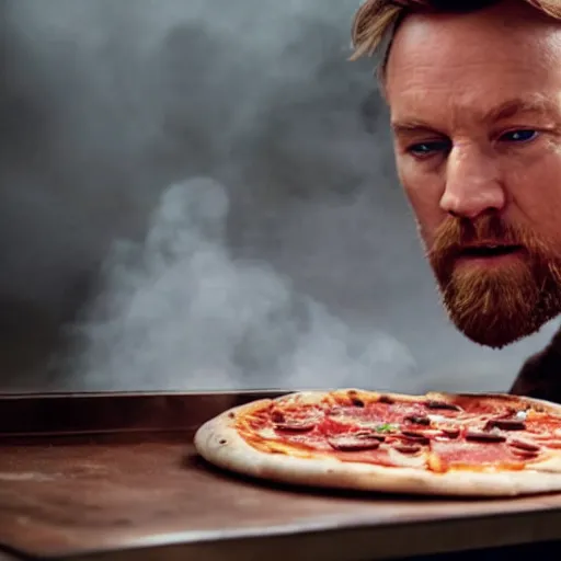 Image similar to A still of Ben Kenobi making a pizza, 4k, photograph, ultra realistic, highly detailed, professional lighting