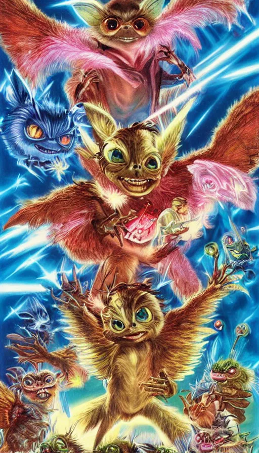 Image similar to gremlins vs mothra art by Noriyoshi Ohrai and Lisa Frank