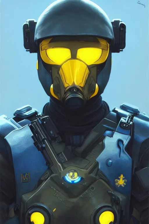 Image similar to a swat unit modern technology, blue and yellow shoulder patch, realistic portrait full body, symmetrical, highly detailed, digital painting, artstation, concept art, smooth, sharp focus, illustration, cinematic lighting, art by artgerm and greg rutkowski and alphonse mucha