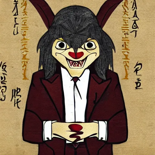 Image similar to charismatic goblin with little smile in suit, art on papyrus, symmetrical