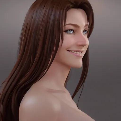 Prompt: a brown haired blue eyes beautiful girl smiling in character design. gesture drawing. line of action. official art, unreal engine 5, unreal engine. medium shot. ray tracing hdr. 8 k. uhd. sharp focus. highly detailed. masterpiece. golden ratio. anime render. cinematic lighting. lifelike. symmetrical face. beautiful face
