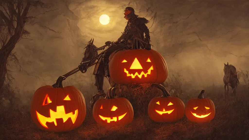 Prompt: a jack - o - lantern headed colonial rider!!!! on lone rampant!!! ( ( black horse ) ) with fiery eyes, background gnarled trees and large supermoon, in the styles of greg rutkowski, keith parkinson, and john quidor, intricate, detailed, volumetric lighting