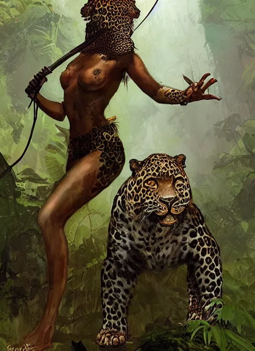 Image similar to a full body portrait of a jungle queen with a leopard, intricate, elegant, highly detailed, vivid colors, john park, frazetta, sparth, ruan jia, jeffrey catherine jones