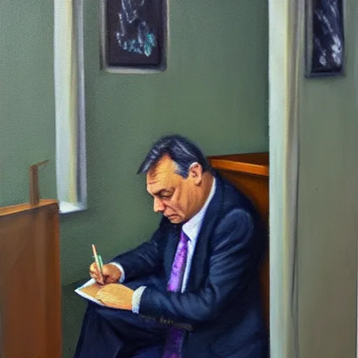 Prompt: viktor orban journaling in a cubicle, oil painting