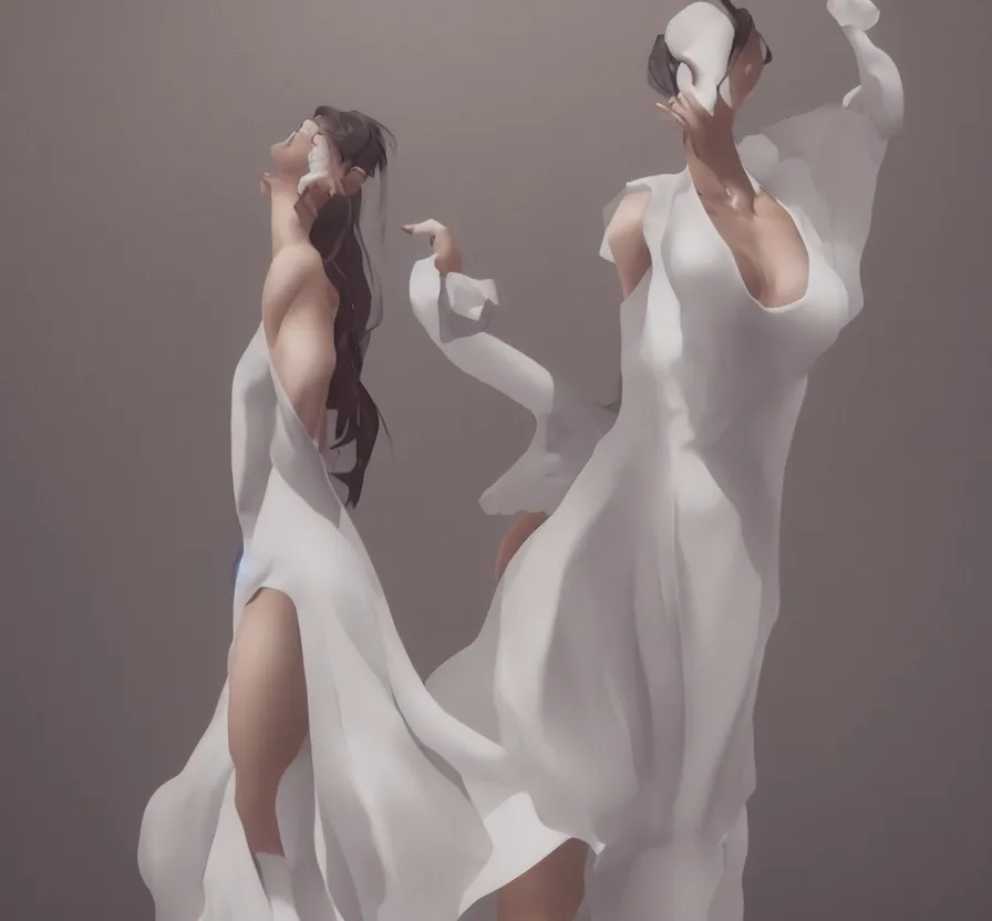 Prompt: mystic beautiful woman in white dress on dark background, drawn by vetarmora, detailed body, human proportions, instagram, unreal engine 5, wallpaper, 8 k, ultra detailed, realistic photo, artstation