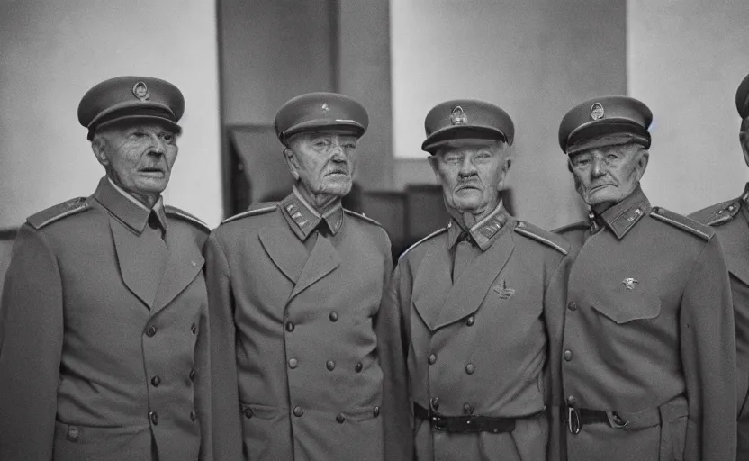 Prompt: 50s movie still close-up portrait of an elder soviet generals in a empty stalinist hall, by David Bailey, Cinestill 800t 50mm black and white, heavy grainy picture, very detailed, high quality, 4k, HD criterion, precise texture and facial expression