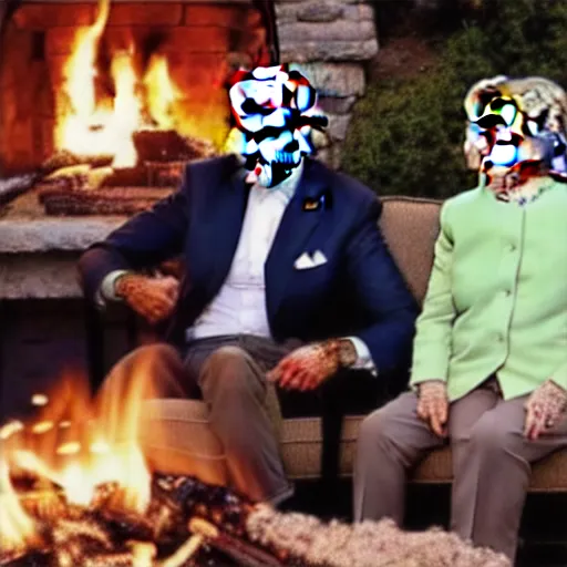 Image similar to joe biden cuddling on a loveseat with hillary clinton next to a cozy fire while they watch a pelican in a top hat do a funny jig in front of them