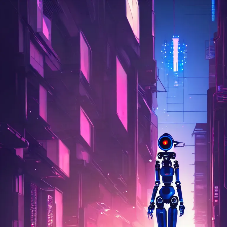 Image similar to a cyberpunk robot - girl stands in a cyberpunk street, at night, cinematic lighting, very detailed, style by tomino - sama