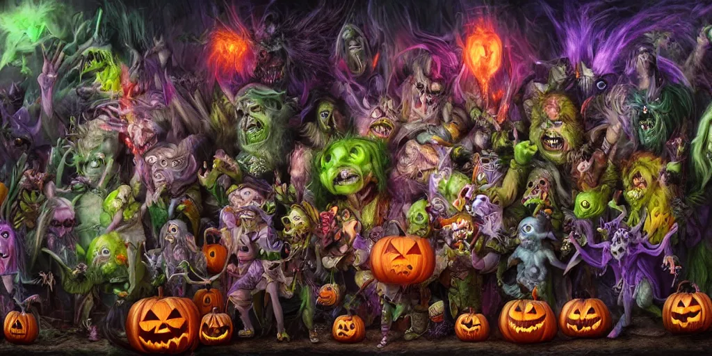 Prompt: the most awesome monster party at halloween by brian froud and artgerm, dripping, hyper-realistic, bright and colorful, octane render, 8k, extremely detailed, photorealistic, horror, cinematic