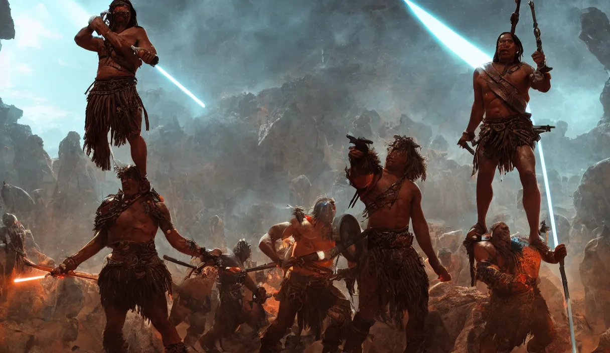 Prompt: an ancient tribesman with laser sword standing in front of barbarian horde, dramatic lighting, cinematic, establishing shot, extremely high detail, photorealistic, cinematic lighting, artstation, octane render, western,old photo, vintage