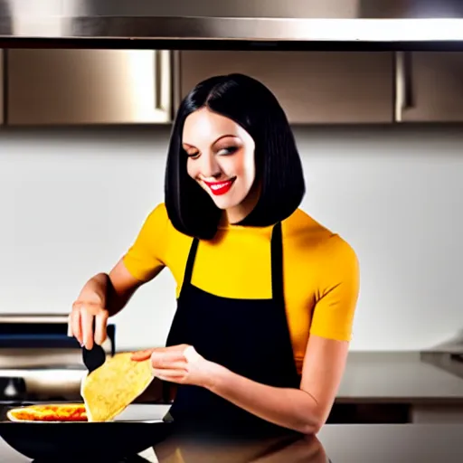 Prompt: image of a beautiful woman with dark hair and bob haircut cooking omelette in the modern kitchen. dynamic lighting.