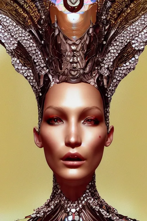 Image similar to a highly detailed portrait of a beautiful alien goddess bella hadid kleopatra in iris van herpen dress in diamonds in style of alphonse mucha art nuvo trending on artstation made in unreal engine 4