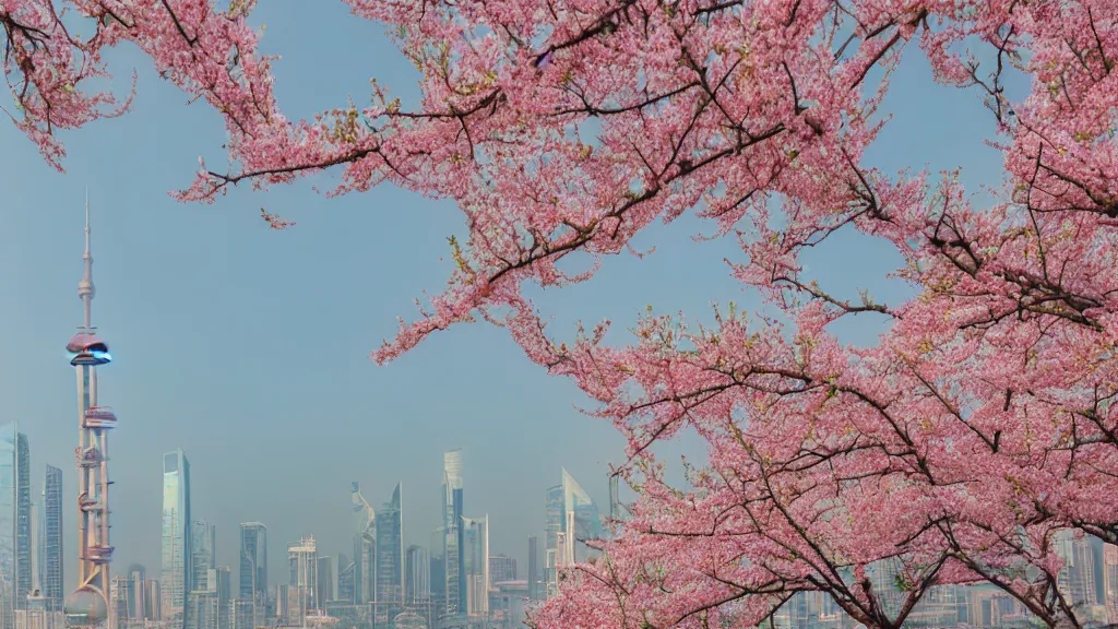 Image similar to a watercolor of Peach blossoms bloom along the Shanghai skyline, The soft pinks and greens of the flowers are offset by the blue of the sky and the gray of the cityscape. HD, Octane render 8K,